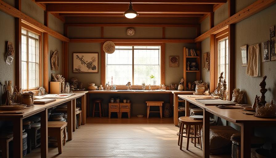 明かりが灯る、文京区にある職人スタジオの落ち着いた内観。繊細な作業が行われる静寂な空間。
