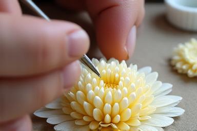 精巧に作られた絹の花びらを、米糊を使って土台に組み上げる作業。菊の花を形成中。