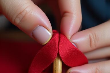 竹製のピンセットで赤い絹の小片を素早く正確に折りたたむ職人の手元。花びらの形へと変わる瞬間。
